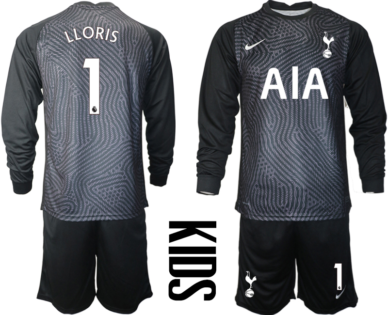 2021 Tottenham Hotspur black youth long sleeve goalkeeper #1 soccer jerseys->tottenham jersey->Soccer Club Jersey